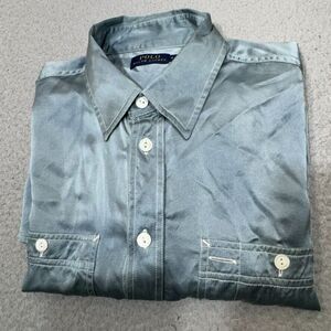 Polo Ralph Lauren Shirt Womens 8 Blue Silk Blouse Point Collar Button Pockets